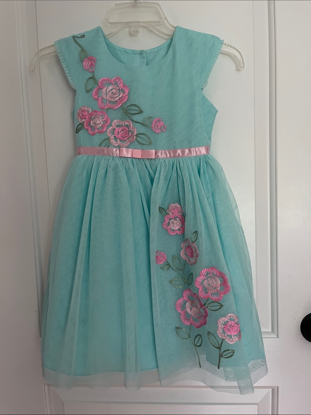 Girls' Aqua Tulle Dress with Pink Floral Embroidery detail size 6